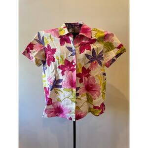 Lemon Grass Linen Cotton Floral Button up Shirt blouse Pink Tropical Small